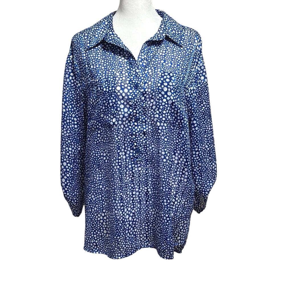 Chicos Size 2 US L Popover Blouse Top Dot Print Blue White